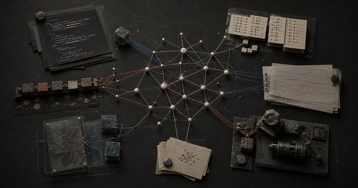 A dark workbench with code, database records, machine parts, and session notes connected through a physical knowledge graph