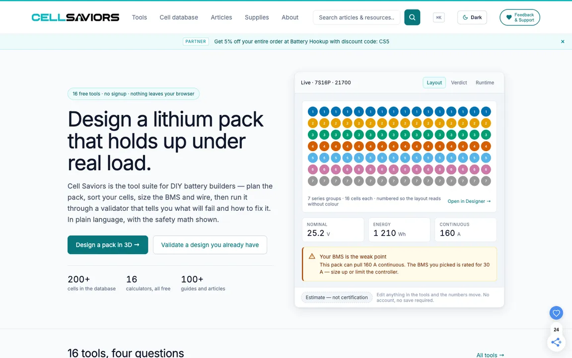 The Cell Saviors home page with a lithium battery pack designer preview and live validation warning