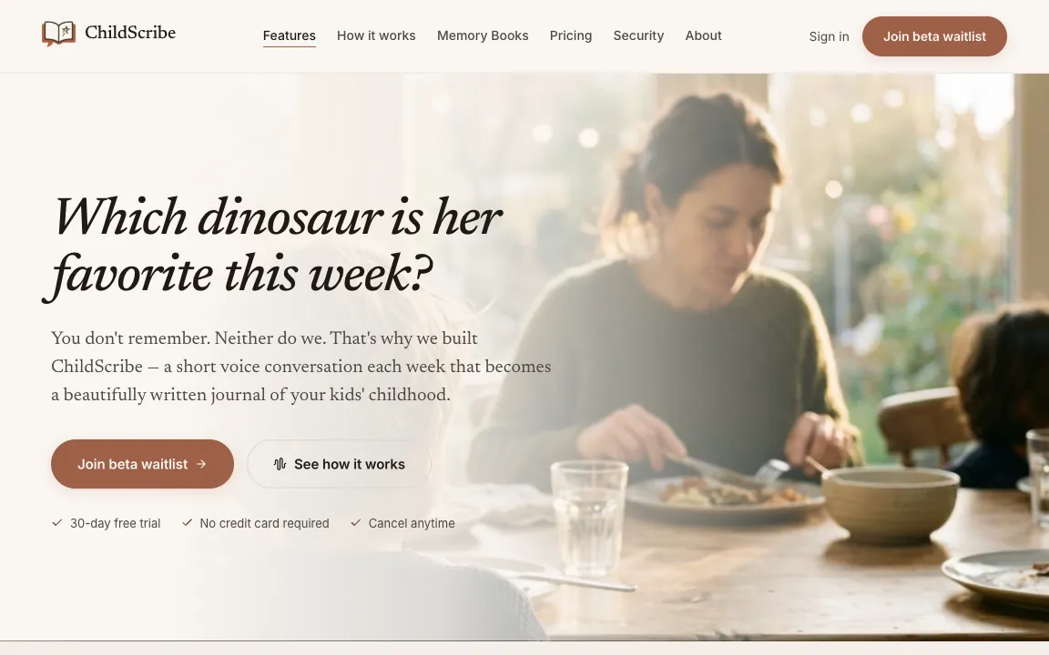 The ChildScribe home page, headlined 'Which dinosaur is her favorite this week?'