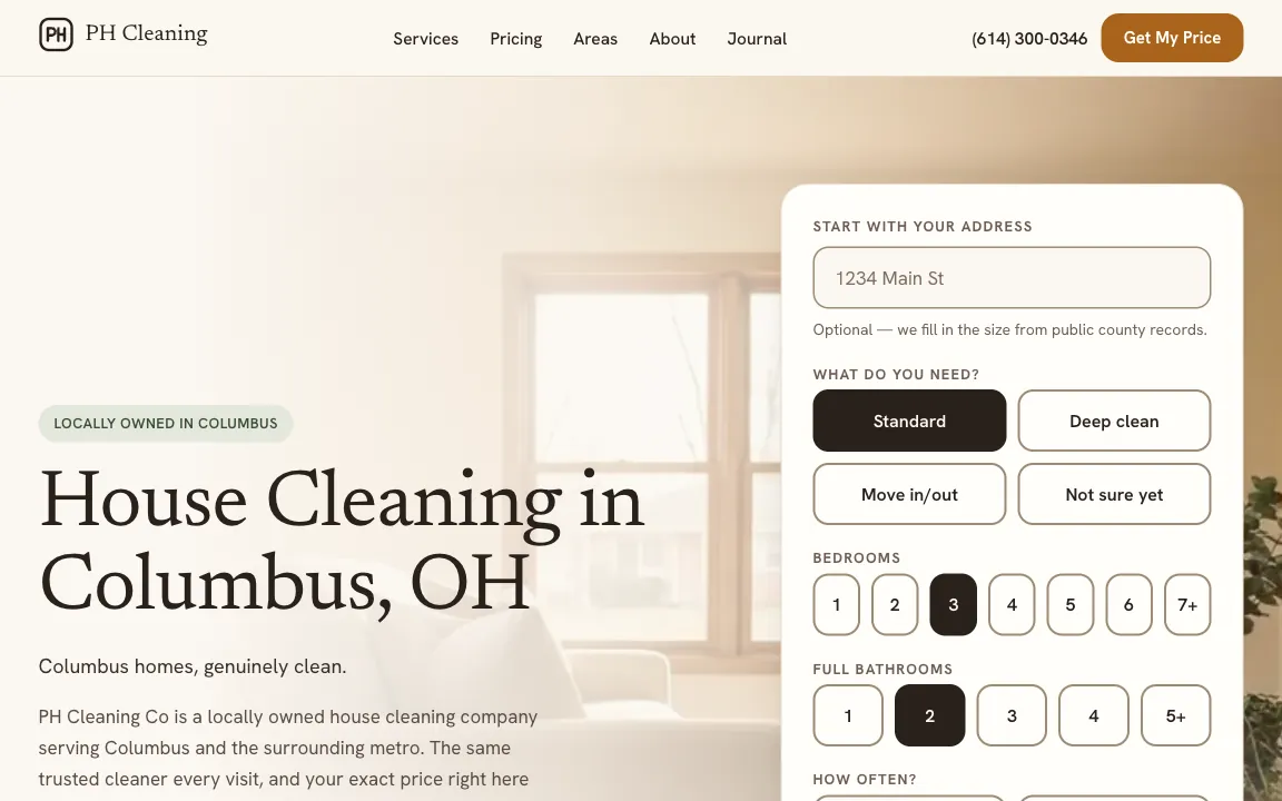 The PH Cleaning Co home page with the instant quote form: service type, bedrooms, and bathrooms