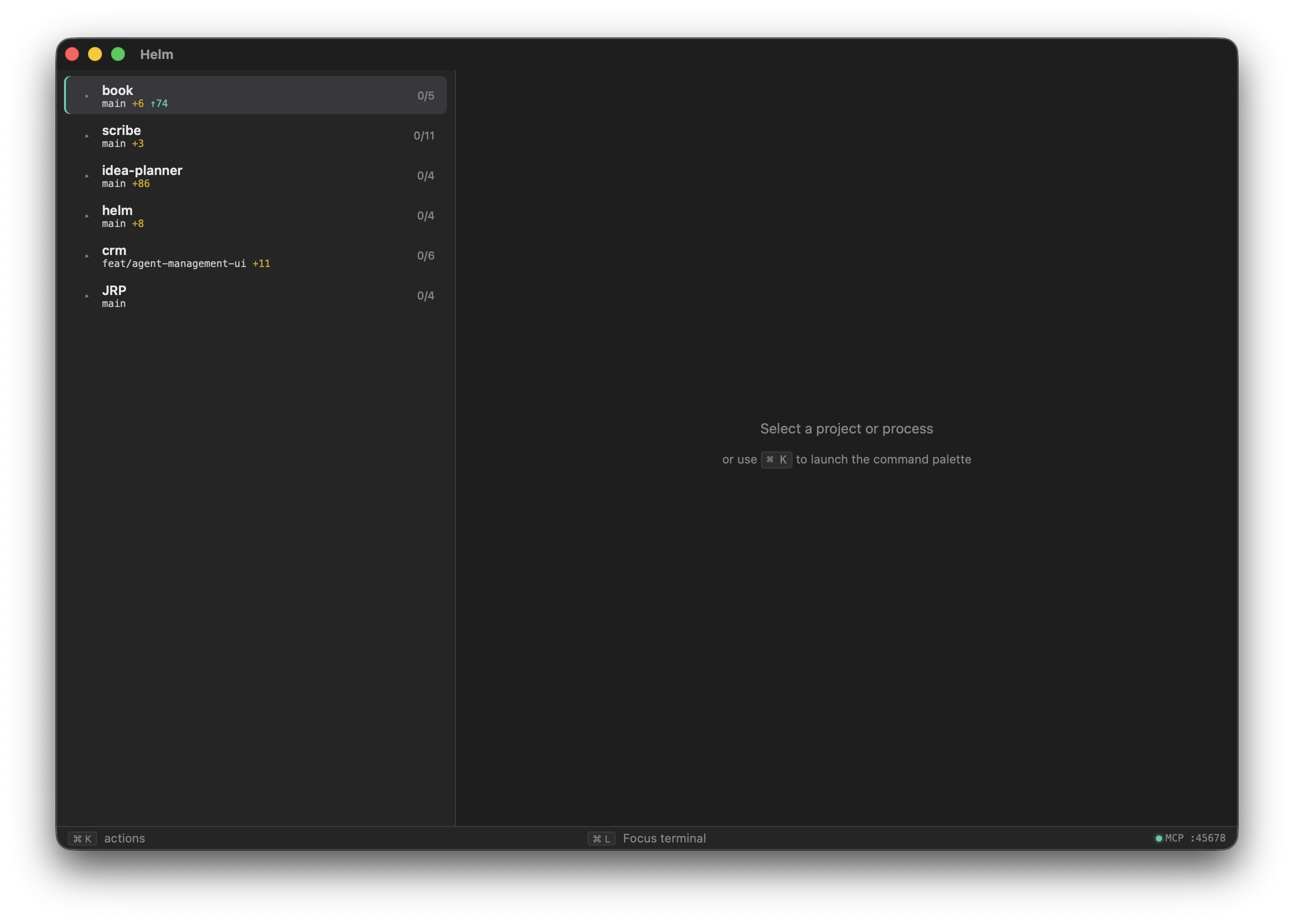 Helm project list showing git branch, dirty file counts, and process health summaries