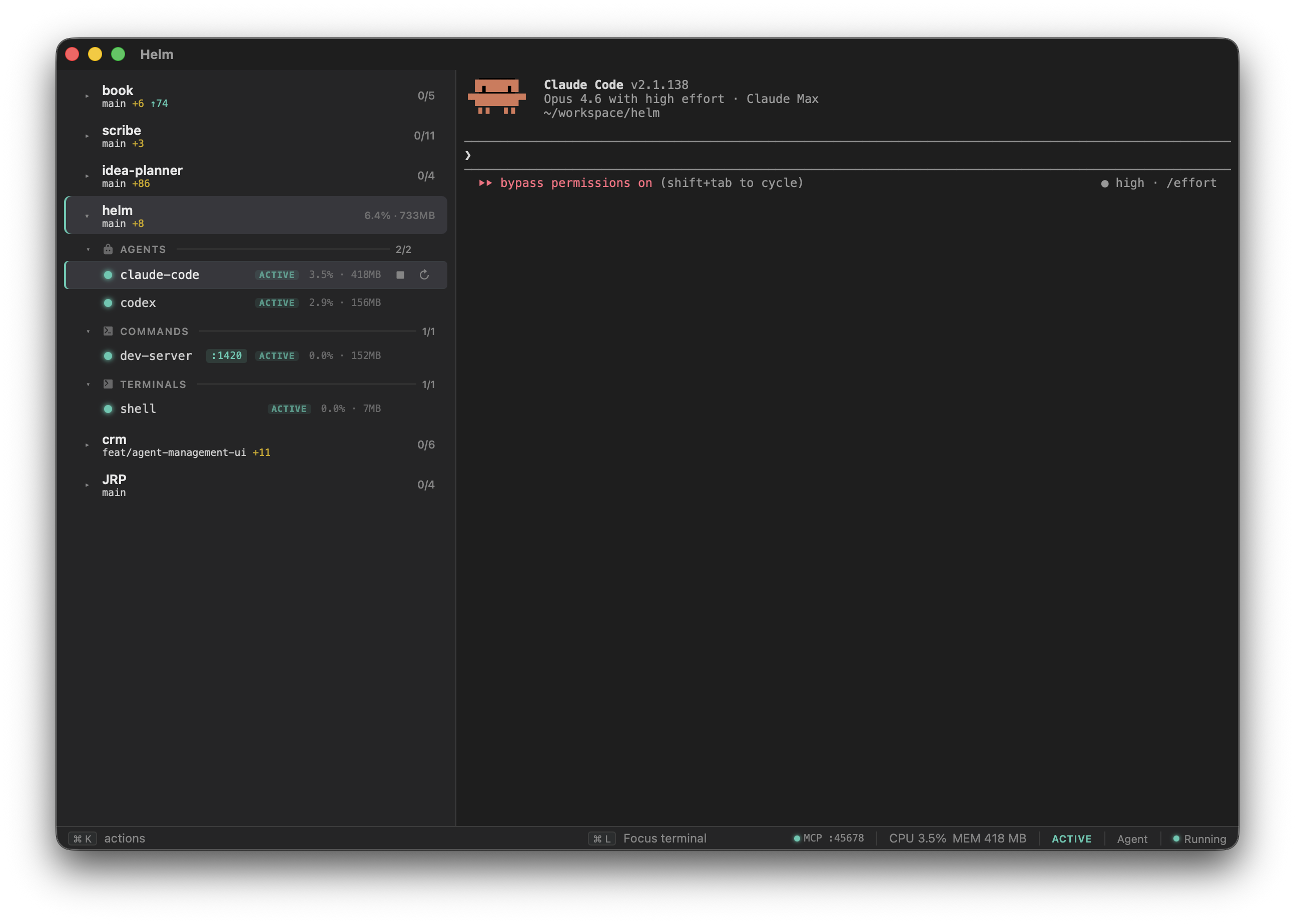 Helm with a project running, showing the sidebar with process groups, status badges, and Claude Code in the terminal pane