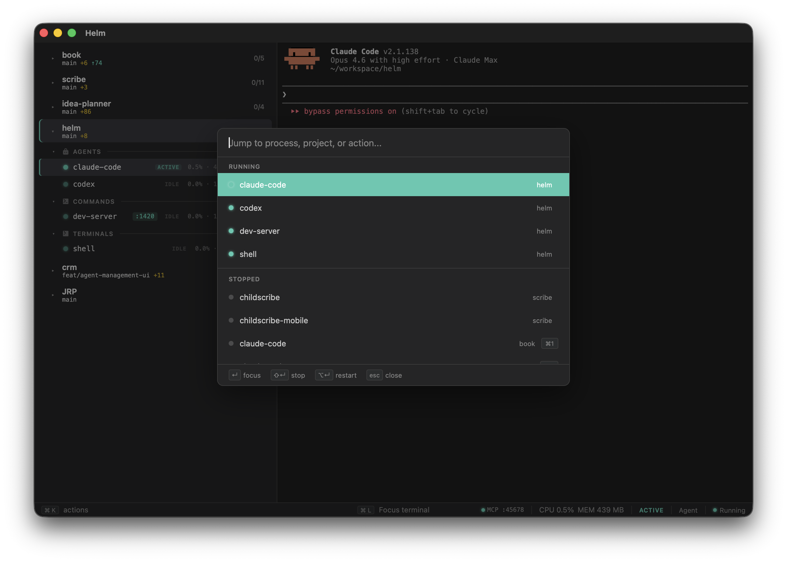 Command palette with fuzzy search across running and stopped processes
